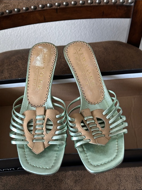 New York Transit Shoes - New York Transit Metallic Mint and Tan Slide Mules